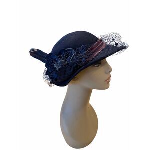 Michael Howard Vintage Blue Wool Hat with Feather & Netting sz 7M